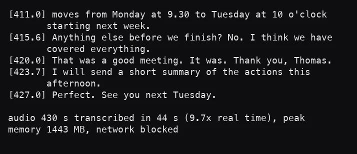 Terminal showing the end of the offline transcription: 430 seconds of audio in 44 seconds, peak memory 1443 MB